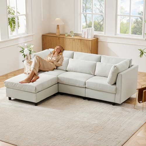 YuQozii El moderno sofá acolchado de tres plazas es un artículo imprescindible para su sala de estar y cuenta con un diseño de esquina en forma de L y un cómodo reposapiés. (Beige)
