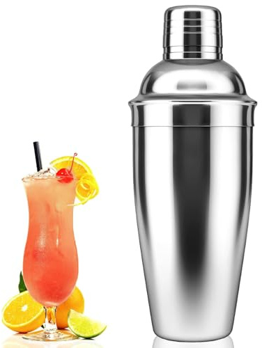 Cocktail Shaker, 750 ML Edelstahl Shaker, Schüttelbecher mit Eingebautem Sieb, Barkeeper Mixer Werkzeug für Cocktail Herstellung, für Familien, Bars, Weihnachten Party (Silbrig)