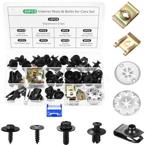 80 Stück Blechmutter Schraube Mutter Clip Kit, mit Klemmscheiben Hitzeschutzblech, U Type Karosserie Clips & Karosserieschrauben, Auto Befestigungsbox Set für Befestigen & Reparieren Autoteil