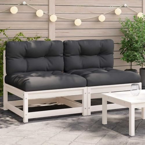 SDWEHO7 2er-Set Gartensofa Lounge Sofa Outdoor Gartenmöbel ohne Armlehnen Gartenstuhl Terrassensofa Gartenlounge Sofa mit Kissen Weiß Kiefernholz
