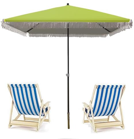 Parasol de plage carré à franges 200 x 200 cm, parasol de jardin avec pompons, parasol pour balcon, piscine, marché, terrasse – Pare-soleil vert élégant