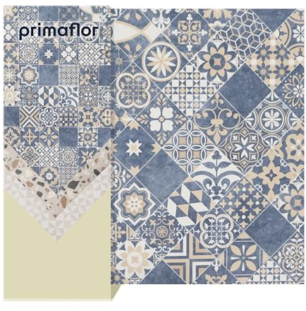 Primaflor PVC Boden Eveon | Versaille | 350x200 cm | Blau Beige | 2,00 m Meterware in Vintage-Fliesenoptik mit Vliesrücken, Nutzungsklasse 31, für Wohnräume, Büro, Feuchtraum und Messe