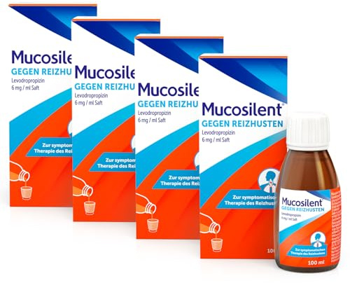Mucosilent gegen Reizhusten | 4x100 ml Hustenstiller Saft | Vorteilspack | Mit Levodropropizin | Lindert Hustenreiz bis zu 6 h bei trockenem Reizhusten | Alkohol-, Zucker- & Parabenfrei | ab 2 Jahren