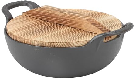 Tissting Wok de hierro fundido con tapa de madera, sartén de base plana sin recubrimiento con 2 manijas para vapor de parrilla salteada, adecuada para todas (25 cm)