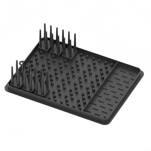 Escurridor de platos de silicona con soporte extraíble de 3 compartimentos, drenaje rápido, antideslizante, enrollable para almacenamiento compacto de cocina (negro)