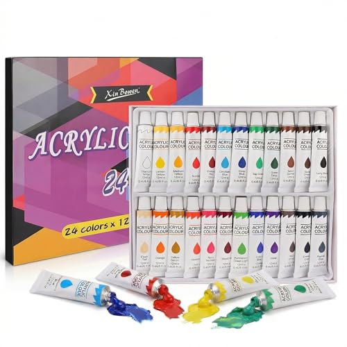 XAQAMY Akrylfärger Set 24 Färger x 12ml – Hög Pigmentering för Duk, Stenar, Trä & 3D-Utskrifter – Professionell Kvalitet för Hobby & DIY – Inkl. Blandningsguide