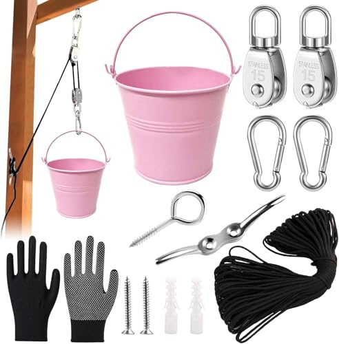 Bottle pulley with metal bucket, accessories for treehouse playtower, playtower accessory, playhouse outdoor accessory, belt pulley system accessory, belt pulley with bucket cable, garden toy