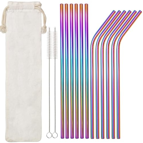 Set of 12 Reusable Metal Straws Drinking, 21.5cm Length with 6mm Diameter Colorful Stainless Steel Straws with 2 Cleaning Brushes & Storage Pouch, Dishwasher Safe (6 Straight + 6 Bent)