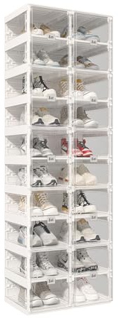 MAYIBOX Transparente schuhregal,schuhboxen stapelbar Weiße Seitenplatte, mit magnetischer Tür, für Stöckelschuhe, Stiefeletten, Pumps