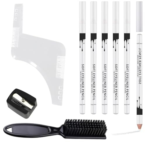 6 Pack White Barber Pencil with Beard Trimming Tool Sharpener Brush for Men | Hairline and Beard Grooming Set Beard Guide Shaping Pencils Magic Barber Chalk for Clean Edges,Daily Touch Up Precise Styling