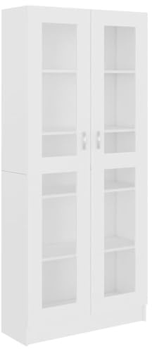 Fisinber Vitrinenschrank Weiß, Bücherschrank mit 2 Glastüren und 5 Fächern, Schrank aus Holzwerkstoff und Glas, Modernes Standregal für Bücher und Deko, 82,5 x 30,5 x 185 cm