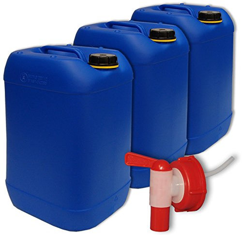 Lote de 3 bidones de polietileno/Jerrycan 25 L azul HDPE DIN61 calidad alimentaria + 1 grifo aeroflow (3x22248+22010)