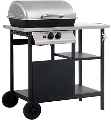 vidaXL Gasgrill mit Beistelltisch 3 Ebenen Grillwagen Grill BBQ Standgrill Gartengrill Grillstation Wagengrill Outdoor Schwarz Silbern