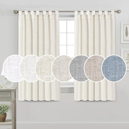 PrinceDeco Linen Curtains Tab Top Curtains Window Treatments Draperies for Bedroom Semi Sheer Light Filtering Soft Thick Linen Window Drapes,2 Panels, 52 x 63 - Inch, Ivory