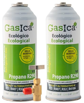 2x Envases GASICA V2 | 452g Neto Total | Gas Refrigerante Ecológico Alternativo R22, R407C y R410A | Incluye Válvula de Servicio (Para Ambos Botes) | Sustituto Rápido A/C