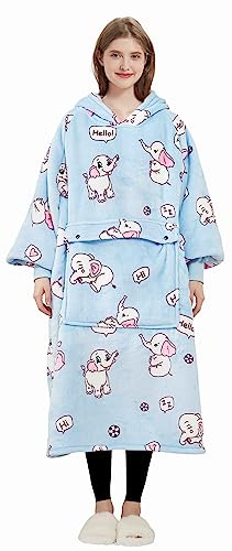 KFUBUO Tragbare Decke mit Kapuze für Kinder von 6 bis 10 Jahren, Sherpa-Fleece, alle Designs, Oversize-Sweatshirt-Decke mit Tasche, Elefanten