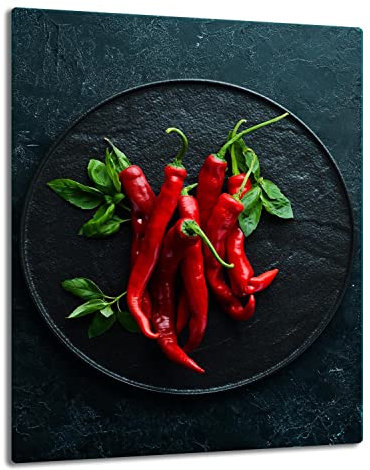 TMK | Herdabdeckplatte 40x52 Einteilig Glas Elektroherd Induktion Herdschutz Spritzschutz Glasplatte Deko Schneidebrett Rot Chilli