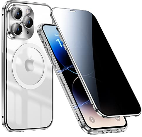 Jonwelsy Anti Peeping Hülle für iPhone 14 Pro 6.1 Kompatibel mit Magsafe Case 360 Grad Doppelte Seiten Schutz Vorne Privacy Glas Cover Magnetische Adsorption Metall Stoßstange Handyhülle (Silber)