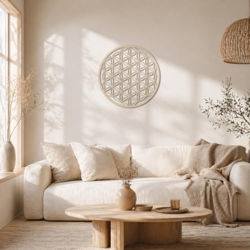 K&L Wall Art Cuadro de madera con la flor de la vida, diseño de la flor de la vida, para salón, Feng Shui, decoración geométrica moderna (chapa de álamo, diámetro de 30 cm)