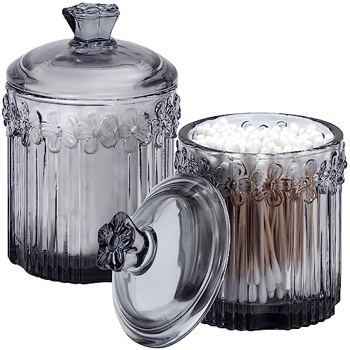 rejomiik 2-pack Qtip hållare glas apotekare med lock set badrumsbehållare dispenser organisatörer och förvaring för bomullspinnar, bollar, dynor, tandtrådspack, godis, grå