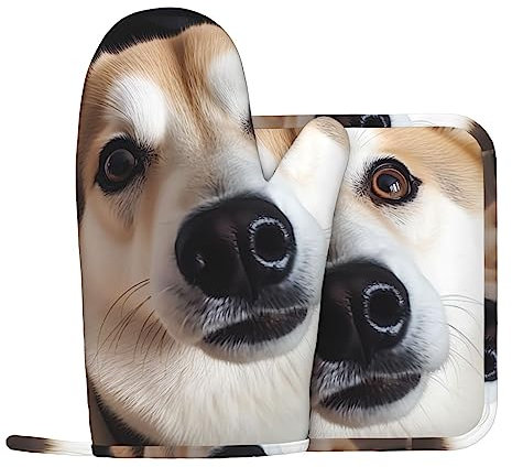 Tier Hund Foto Küche Ofenhandschuhe und Topflappen Sets Hitzebeständige Silikon rutschfeste BBQ Handschuh mit Aufhängeschlaufe