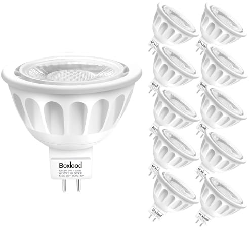 Boxlood 10 Pack MR16 LED Bulbs, 6000K Cool White Light Color, 40 Degree Beam Angle, AC/DC 12V, 5W 500lm 50W Halogen Bulb Equivalent