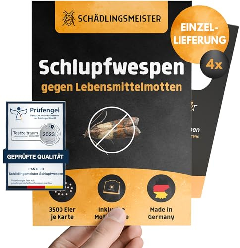 Panteer® Schlupfwespen gegen Lebensmittelmotten - 4 Karten à 1 Lieferung - Schlupfwespen - Lebensmittelmotten Falle - Schlupfwespen gegen Motten - Made in Germany