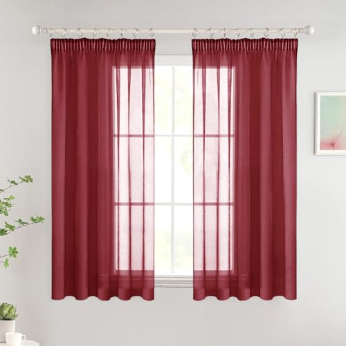 Woaboy Gardinen mit Kräuselband Kurz Voile 2er Set 140x145 cm Wein Rot | Vorhänge Wohnzimmer Transparent Sheer Curtains Stores Gardine Schlafzimmer Modern Schlaufengardinen