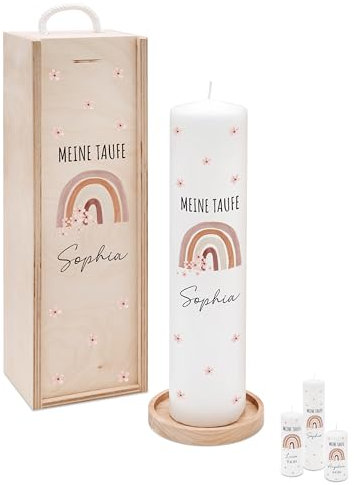 Bärenfreunde® - Personalisierte Taufkerze mit Spezial-Druck (M, L, XL) - ohne Ruß-Bildung - mit Holzkiste oder Untersetzer - Taufe Geschenk, Geschenk zur Geburt (L Kerze)
