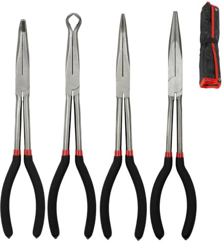 4-teiliges extra langes Spitzzangen-Set, 27,9 cm lange Reichweitenzange mit isolierten Griffen, gerade Zange, 45/90 Grad gebogene Zange, O-förmige Spitze, Spitzen-Spitzzange