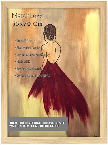 MatchLexx® Flat Profile Oak Hand crafted | Large Poster Picture Frame 55x70 cm picture Frame | MDF Wooden Frames Jigsaw Puzzle Frames For Home Livingroom & Office