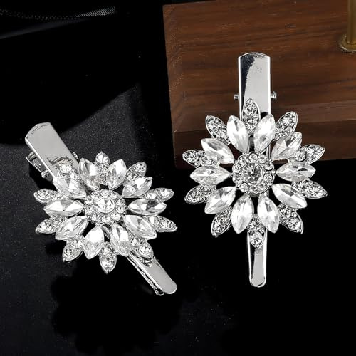 Set di 2 fermagli per capelli in argento con strass, motivo floreale, per matrimoni, spose e damigelle d'onore