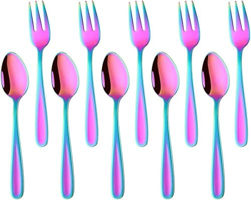 YDware Edelstahl Espressolöffel Klein Kuchengabeln Set, 10 stück Espressolöffel Dessertgabeln Set, Obstgabeln Kaffeelöffel 136mm Läng, Wiederverwendbar (Bunt)