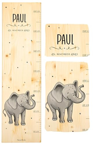 Muckelmeister Messlatte Kinder aus Holz personalisert 80-140cm - Elefant | Muckelfreunde, 70x20x2cm Kinderzimmer Deko, Geschenke zur Geburt, Maßband Kinder Wand, Geschenkidee Kleinkind