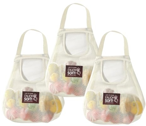3 Pcs Grocery Mesh Bags Reusable Net String Shopping Bags Hanging Produce | Storage Bags Portable Tote Handbag for Vegetables Fruits Potatoes Onions Tomatoes Commodities Outgoing Travel, Off White