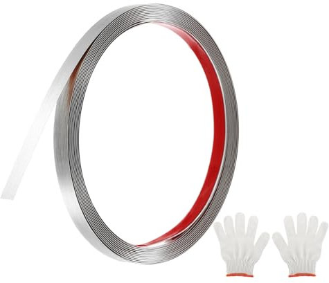 QUARKZMAN Moulures Décoratives Autocollantes en Acier Inoxydable, 5m X 1cm Argenté Garniture de Moulure Murale Autocollante avec Finition Brossée avec des Sacs, des Gants, des Cartes