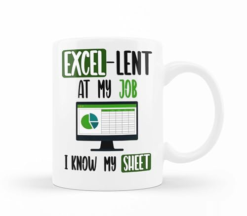 VIROSA Keramik-Kaffeetasse mit Aufschrift Excel-Lent at My Job, Know My Sheet, lustiges Geschenk für Arbeitskollegen, Büroscherzen, Tabellenkalkulationsliebhaber, ideal für Chef, Kollegen,