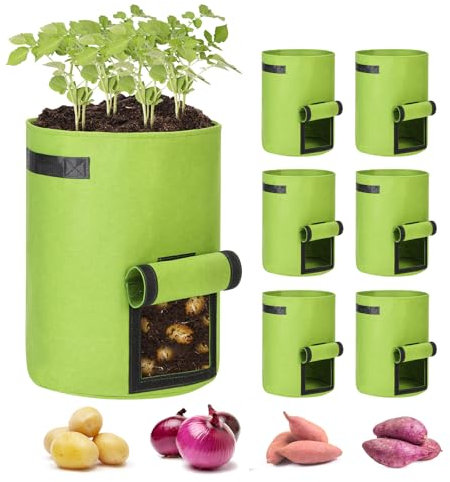 JQTOP Lot de 6 sacs de culture de pommes de terre verts de 37 litres avec fenêtre à rabat, récipient en tissu non tissé épais pour pommes de terre, tomates, carottes, légumes et fruits (vert)