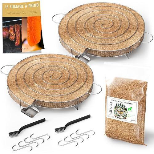 2 X Générateur (30 cm)/Serpentin de Fumée Froide pour Fumoir Viande et Poisson + 500 Gr de Sciure de bois de hêtre + 8 crochets et 2 Brosse de nettoyage - Guide Numérique PDF à Télécharger