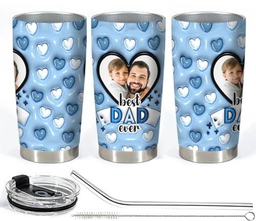 Personalised 20oz Stainless Steel Tumbler for Dad Custom Photo & Best Dad Ever Design, Leakproof Travel Mug with Handle, Durable Insulated Water Bottle for Father's Day, Birthday & Special Occasions