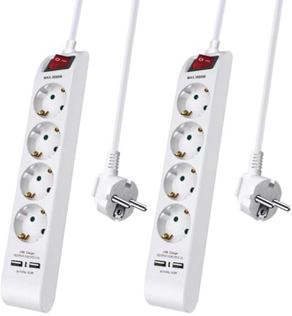 Regleta Enchufe con 4 Tomas y 2 Puertos de USB, Regleta de enchufes con Interruptor, Protección Infantil, MAX 3680W, 1,5 m, Blanco, 2 pcs