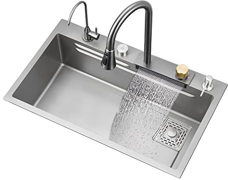 Lavello da cucina commerciale, lavello da cucina a cascata, grigio canna, da incasso, stazione lavamani in acciaio inox con rubinetto per la pulizia delle tazze e scolapiatti per cucina e bar