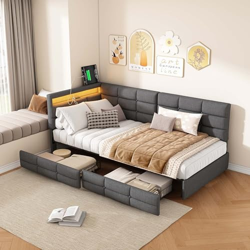 BSCFHCZ Cama tapizada de día individual 90 x 200 cm, con 2 cajones de almacenamiento, cama funcional con LED y USB + tipo C, cama infantil, sofá cama juvenil (lino gris, forma de L, 90 x 200 cm)