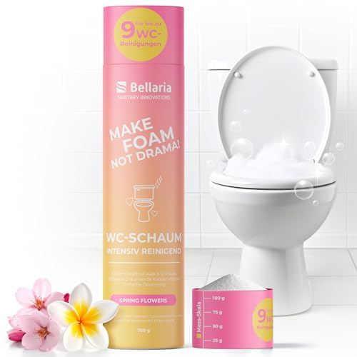 Bellaria WC Schaum – Extra starker WC-Reiniger – Zuverlässig gegen Kalk, Urinstein & schlechte Gerüche – Selbstaufschäumender Toiletten Aktivschaum, einfache Dosierung (700g, Spring Flowers)