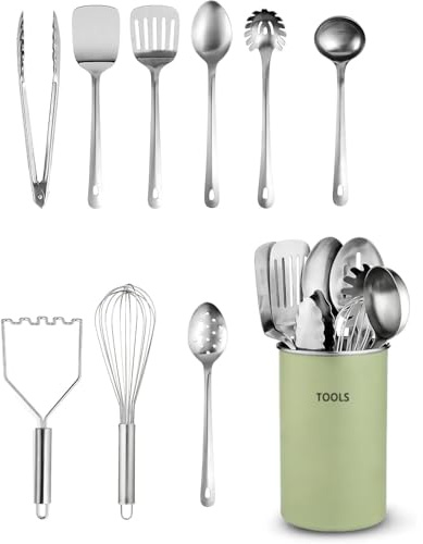 Kitchen Utensils Set - 10-Piece, Stainless-Steel Cooking Utensils w/Spoons, Whisk, Spatula, Tongs, Ladle, Masher & Cooking Utensils Holder - Kitchen Accessories, Gadgets and Tools (Green)