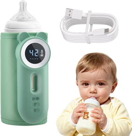 Calentador de botellas portátil, control de temperatura de 11 niveles y pantalla LED, calentamiento rápido sin agua, batería de 10400 mAh, con luz nocturna para viajes y hogar (verde)