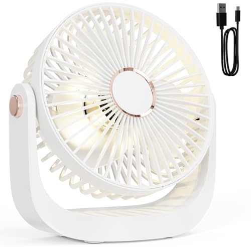 AICPAN Ventilator Leise - Tischventilator mit Nachtlicht，3000mAh USB Wiederaufladbarer Kleiner Ventilator, 5 Geschwindigkeiten, 360° verstellbare Neigung für Büro Schlafzimmer Zuhause, Weiß