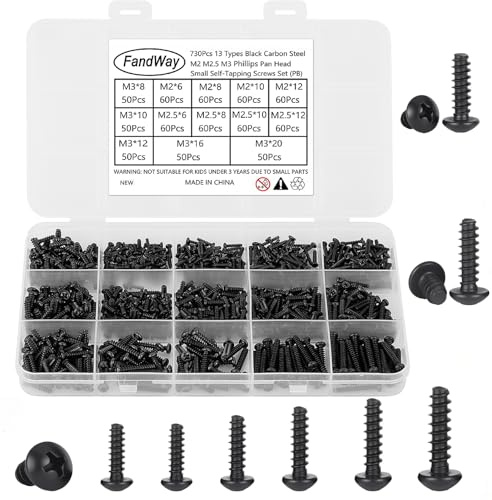 730Pcs Self Tapping Screws Black,M2 M2.6 M3 Small Wood Screws Kit,Round Head Self Drilling Screw,Pan Head Sheet Metal Screw Phillips/Cross Drive for DIY WoodWork Repairs.