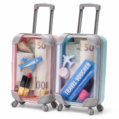 2er Mini Koffer Geschenkbox für Geldgeschenke, Reisekasse & Reisegutschein | Wiederverwendbare Geschenkverpackung für Reise & Urlaub, Geburtstag & Hochzeit, mit Rollen & Teleskopgriff, Pink + Blau