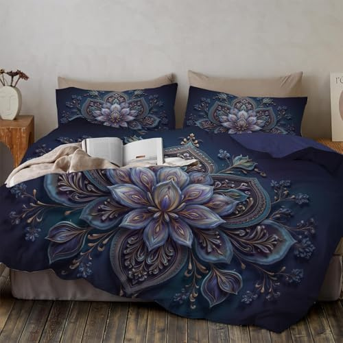 Queen Duvet Cover Sets - Mandala Paisley Pattern Pattern Print Reversible Duvet Set (1x Quilt Cover, 2 x Pillowcases) Soft Microfibre Bedding Bed Set 90x 90, Dark Blue